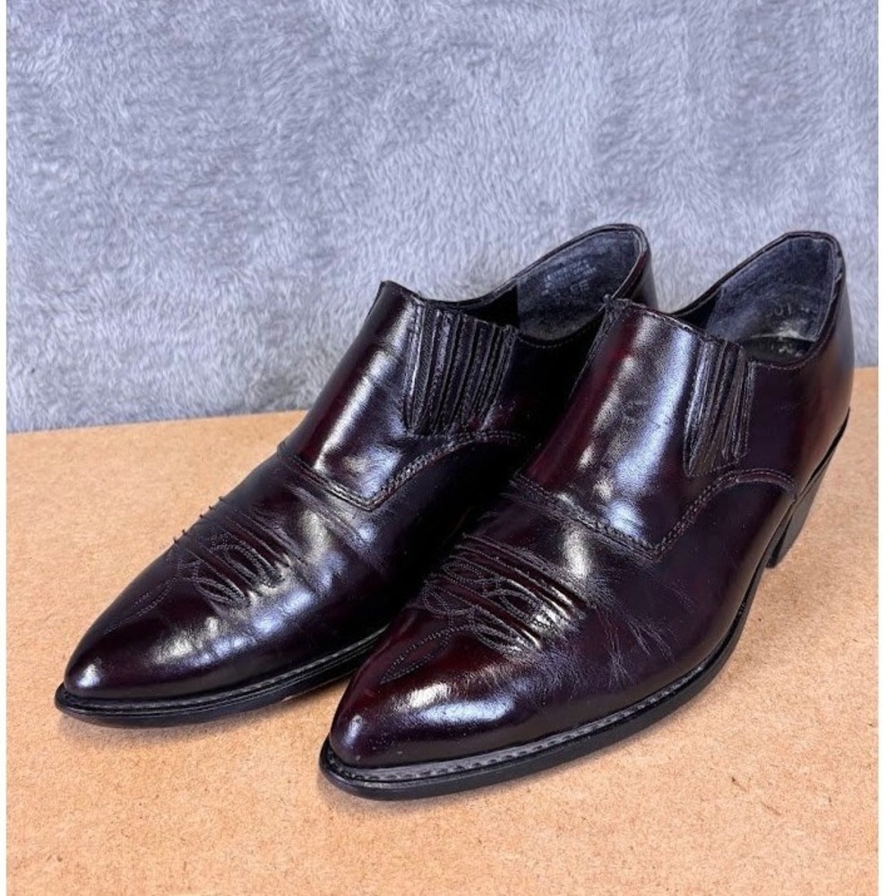 Vintage Mens Burgundy Leather Western Slip On Pointed Toe Cuban Heel Shoes 8 EE